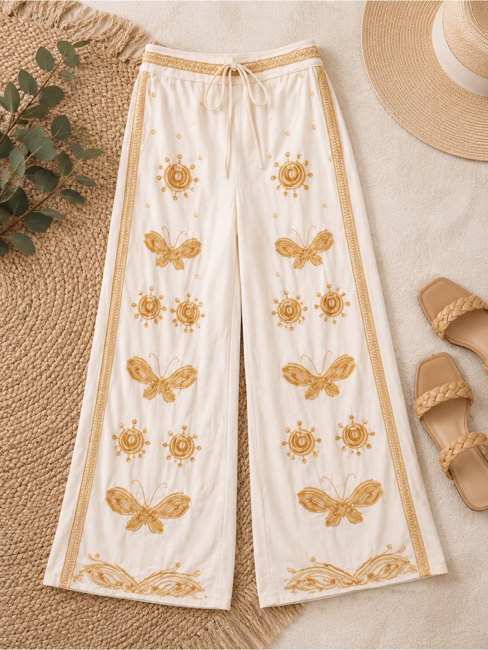 Diane Von Furstenberg Gold Embroidered Wide Leg Resort Pants Ivory Size 4